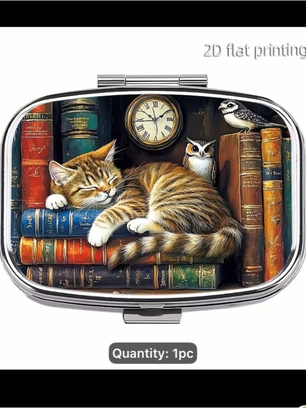 Cat on Books Decorative Pill Case - Brown Cat Design
